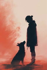 Silhouette of a person standing beside a dog against a vibrant red background, capturing a moment of connection and companionship in a striking visual composition