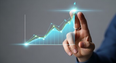 A hand interacting with a glowing blue and green line graph showing upward trend on a gray background