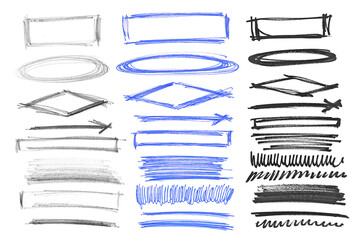 Grunge scribble circle, ellipse, lines, with ballpoint pen, graphite pencil and felt-tip pen isolated on white background	