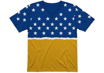 V neck t shirt with blue star pattern and torn yellow fabric design isolated on transparent background