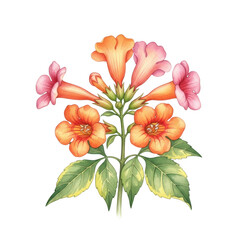 Watercolor illustration of a flowering trumpet vine with orange and pink blooms isolated on transparent background