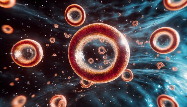 In-Depth Microscopic View of Human Blood Plasma Cells, Highlighting Vitality and Body Functions