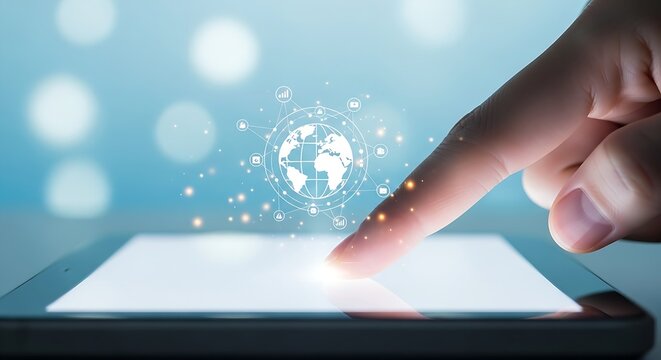 Finger touching a tablet screen with a globe surrounded by icons in a digital network overlay