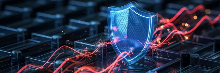 Digital firewall concept with a glowing shield with a hexagonal pattern deflecting a cyber attack