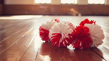 Red and White Cheerleading Pom Poms on Wood Floor: A vibrant collection of red and white cheerleading pom-poms arranged artfully on a hardwood floor.