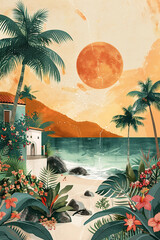 Vibrant tropical landscape illustration featuring palm trees, colorful flowers, and a serene beach at sunset, evoking a sense of paradise and tranquility