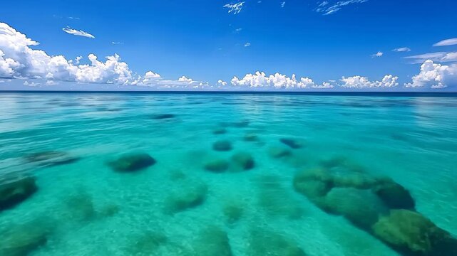Azure Ocean Vista: The expansive turquoise waters reflect a brilliant blue sky, punctuated by fluffy, white clouds, offering a serene and captivating ocean panorama.