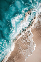 Aerial view of turquoise ocean waves crashing onto sandy beach, creating beautiful patterns and textures along the shoreline, evoking a sense of tranquility and nature's beauty