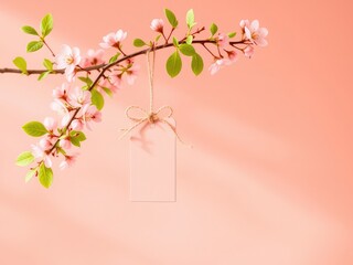 Fototapeta premium Blooming pink blossoms with a blank tag hanging from a branch against a peach colored background