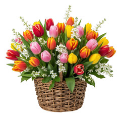 Beautiful spring tulip flower arrangement in wicker basket isolated on transparent background