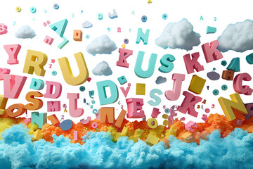Floating 3D letters burst through dreamy clouds. Surreal alphabet typography. Isolated on transparent background, png