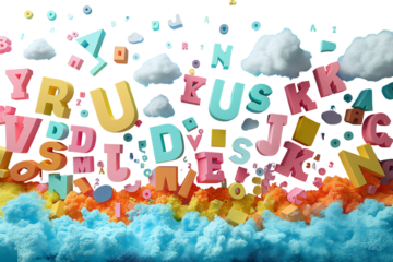 Floating 3D letters burst through dreamy clouds. Surreal alphabet typography. Isolated on transparent background, png