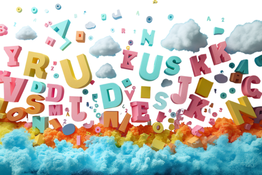 Floating 3D letters burst through dreamy clouds. Surreal alphabet typography. Isolated on transparent background, png