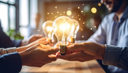 Collaborative brainstorming with glowing light bulbs