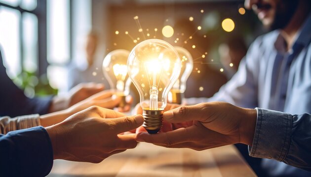 Collaborative brainstorming with glowing light bulbs