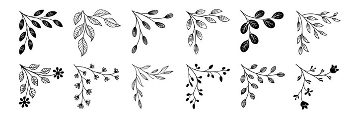 Fototapeta premium Elegant Floral Design Elements: A collection of delicate hand-drawn botanical corner elements, perfect for adding a touch of natural elegance and sophistication to any design project.