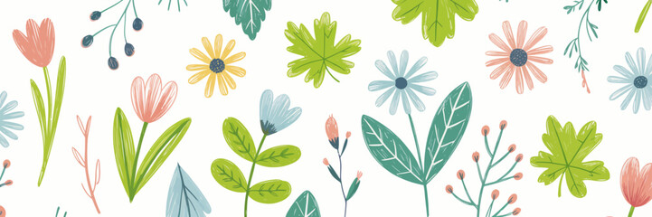 Blooming Botanical Tapestry: A vibrant and harmonious botanical illustration showcasing an array of stylized flowers, leaves, and foliage, perfect for adding a touch of nature's beauty to any design.