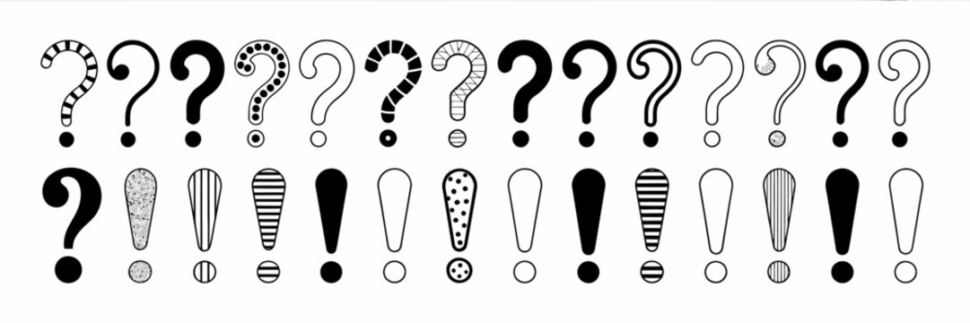Questions and Exclamations: A visual array of meticulously illustrated question marks and exclamation points, set against a minimalistic backdrop