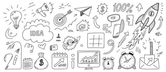 Ideas and Innovation Doodle: A comprehensive sketch of various ideas, innovations, and business concepts, captured in a hand-drawn style. 