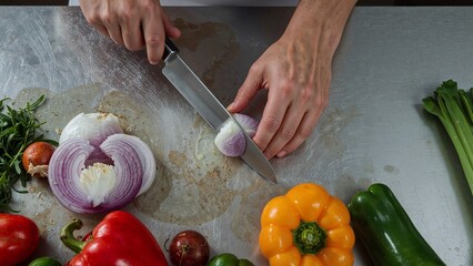 Chef hands chopping red onion on a stainless steel counter surrounded by fresh colorful vegetables for cooking