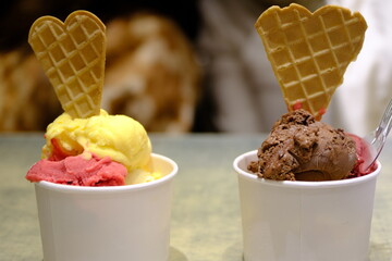 Icy ice cream that's refreshing in the summer heat. Lemon, cherry, and dark chocolate ice cream scoops. Maras ice cream.
 Two ice cream bowls side by side. Turkey