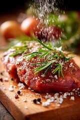 A piece of meat garnished with herbs and salt is placed on a wooden cutting board. Fresh vegetables and greens are blurred in the background, indicating preparation