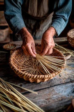 A skilled artisan shapes straw into a basket, showcasing traditional weaving techniques. The warm afternoon light highlights the craftsmanship in a cozy workshop filled with natural materials