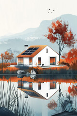 Modern eco-friendly house with solar panels surrounded by autumn trees and serene lake reflecting the beautiful landscape and mountains in the background