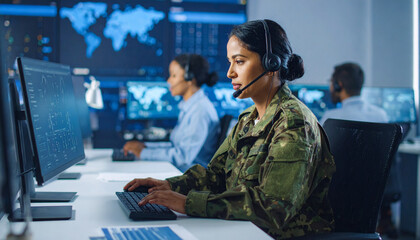 Dedicated military personnel working in a high-tech command center, focused on their tasks