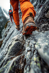 Climber in bright orange pants ascends rocky terrain, showcasing sturdy footwear and determination in a breathtaking mountainous landscape