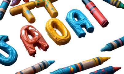 Colorful crayon letters and drawing tools for children's creative projects. Isolated on transparent background, png