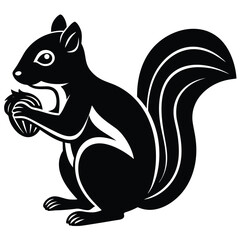 Pure black design of a chipmunk in side profile, bushy tail raised, small paws holding a nut, with rounded ears and stripe detail implied, isolated on white background. 
