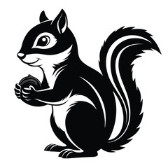 Pure black design of a chipmunk in side profile, bushy tail raised, small paws holding a nut, with rounded ears and stripe detail implied, isolated on white background. 
