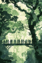 Silhouetted figures standing on a bridge surrounded by lush green trees in a dense forest, capturing the essence of nature and exploration