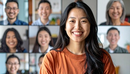 Obraz premium A smiling asian woman in front of the online video meeting screen filled with positive, diverse asian faces