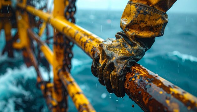 Close-up view of a worker's gloved hand gripping a rusty, wet metal railing on an offshore platform during a storm. The ocean is rough and the atmosphere is intense.