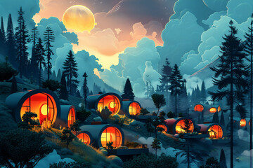 Futuristic eco-friendly homes illuminated at dusk, nestled among towering trees, showcasing innovative architecture and harmonious integration with nature
