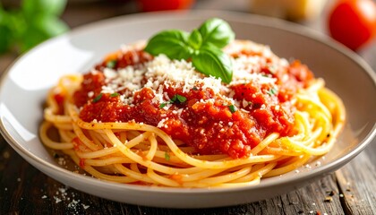 A delectable plate of spaghetti adorned with a vibrant tomato sauce, fresh basil, and sprinkled parmesan cheese. The culinary creation sits on a rustic wooden table.