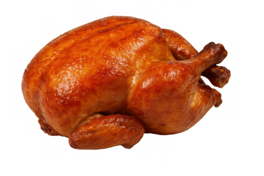 Golden-brown roasted chicken resting on clear surface, highlighting crispy skin and succulent meat