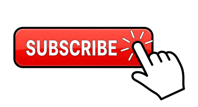 A red subscribe button with a white hand cursor pointing to it on a white background illustration - Powered by Adobe