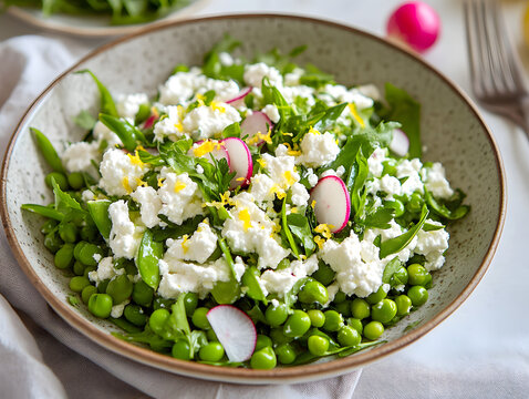 A vibrant pea and radish salad topped with fresh cheese and herbs