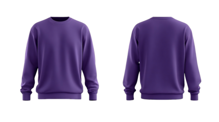 Vibrant purple sweatshirt showcased from the front and back on a clean transparent background, ideal for apparel design presentations, silhouette