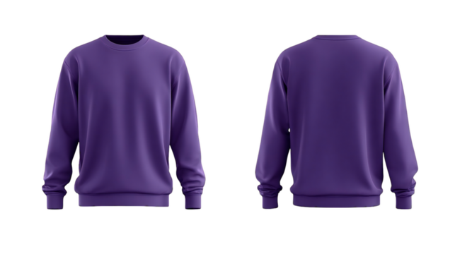 Vibrant purple sweatshirt showcased from the front and back on a clean transparent background, ideal for apparel design presentations, silhouette