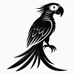 Fototapeta premium Pure black design of a perched macaw with long tail feathers, curved beak, and tropical parrot profile, isolated on white background.