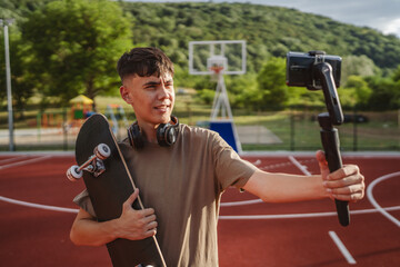 teenage boy with skateboard filming video with mobile phone on court