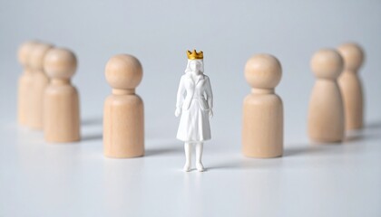 A white figurine of a queen standing in the center of a circle of wooden figures, symbolizing leadership and authority.