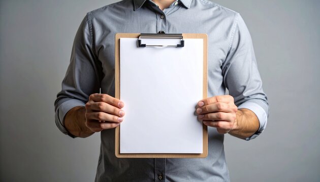 A man in a gray shirt holding a clipboard with a blank white sheet of paper. The focus is on the clipboard and the paper, which is ideal for adding text or images.
