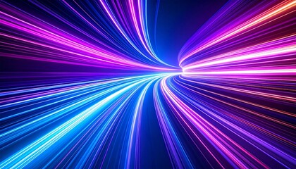 Dynamic abstract lines, bright trails of light streak across the space. Blue and purple neon stripes flow