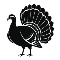 Pure black design of a wild turkey in side profile, showing fan-shaped tail, feather texture, and curved neck, isolated on white background. 