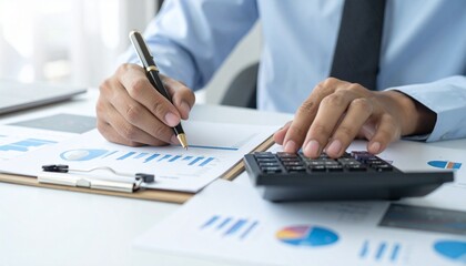 Naklejka premium A person analyzing financial data with a calculator and pen in hand. A focused professional, working on paperwork, likely related to accounting or business